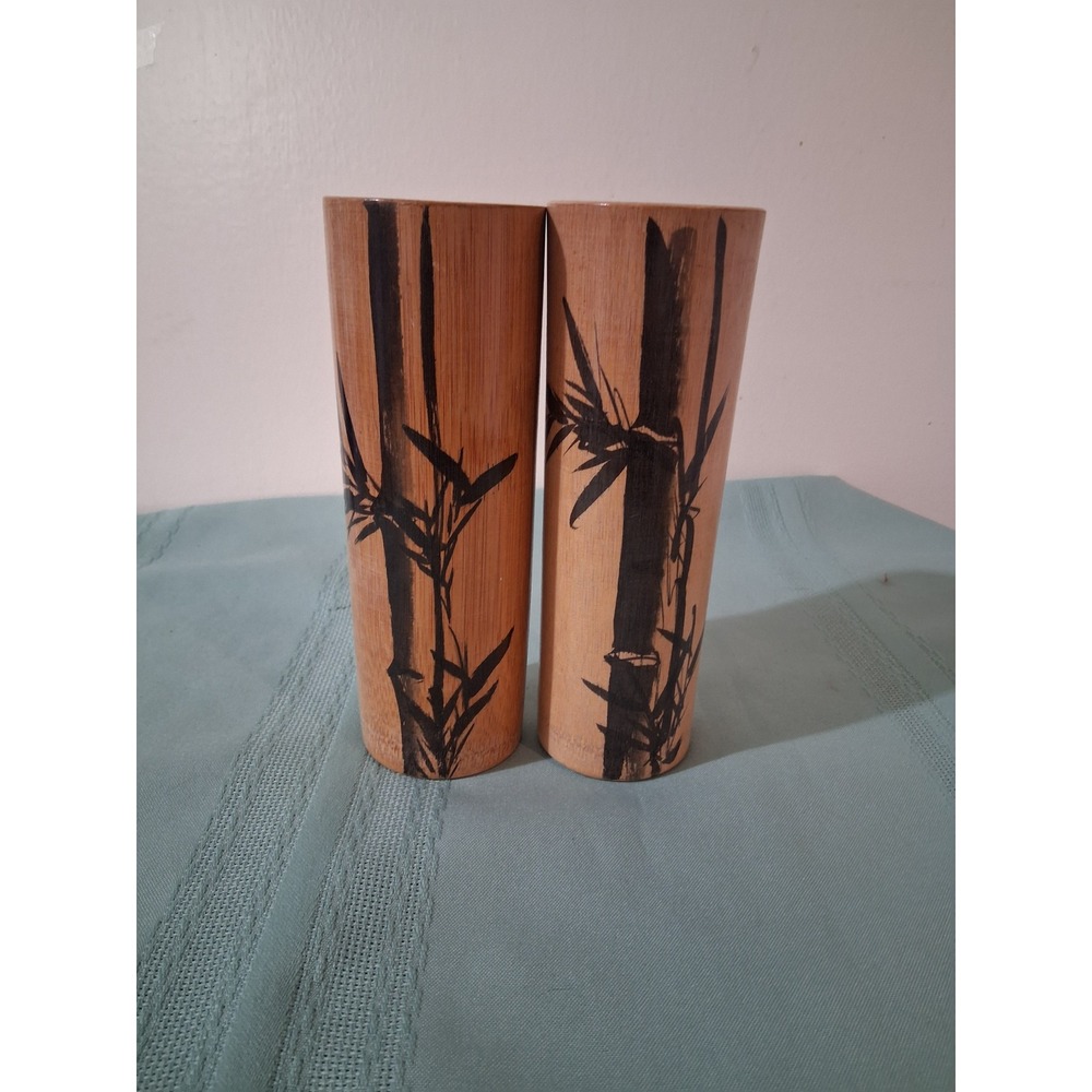 Vintage Bamboo Tumblers Set of 2 Hand Painted Made in Japan MCM Natural Wood Cup